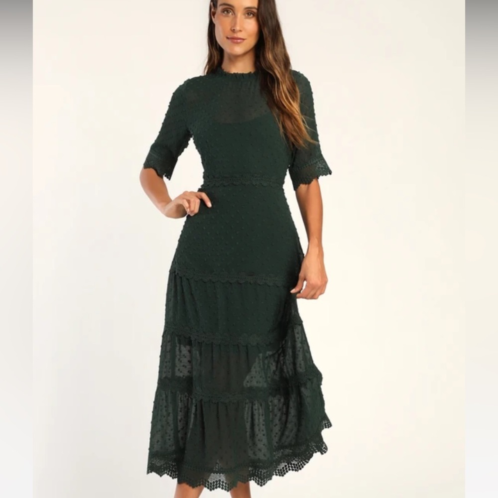 Lulus Dreaming of You Emerald Green Swiss Dot Midi Dress
